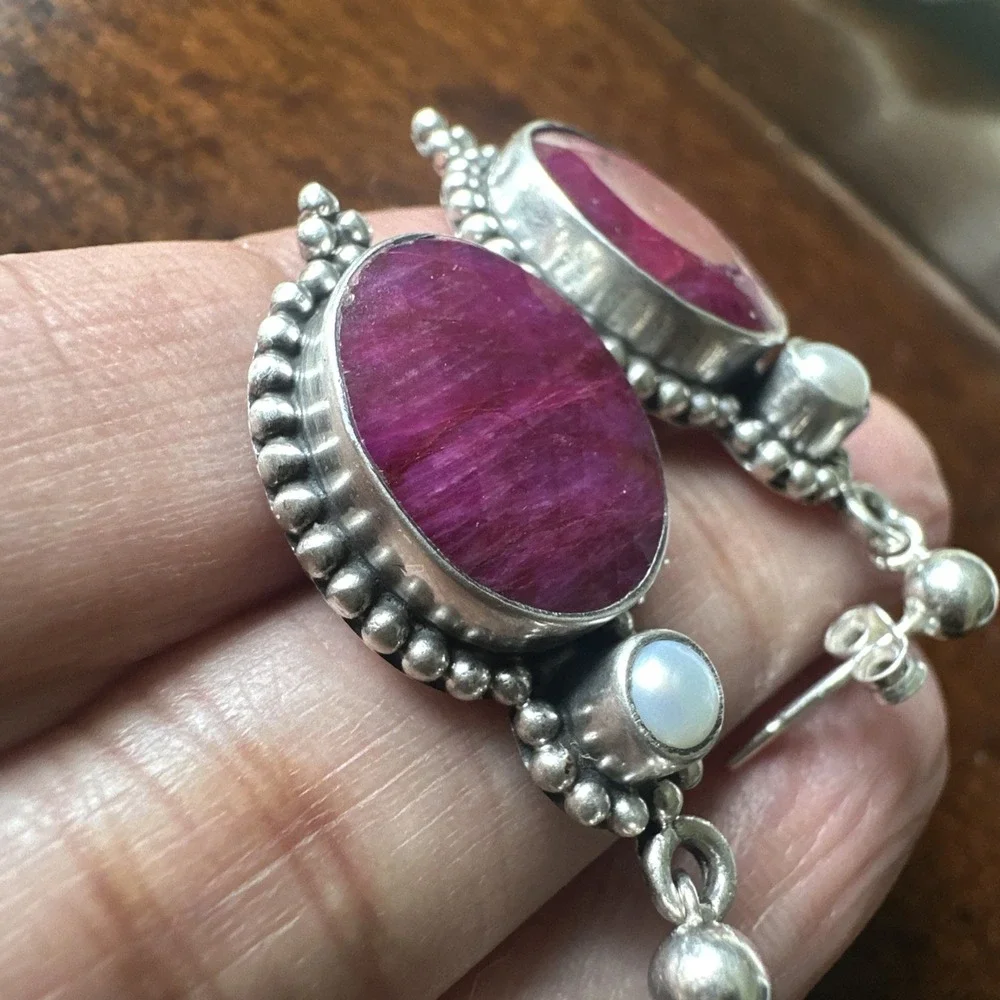 Vintage Artisan Stud Dangle Earrings 1.3 Inch Ruby Pearl 925 Sterling 10.4g‎